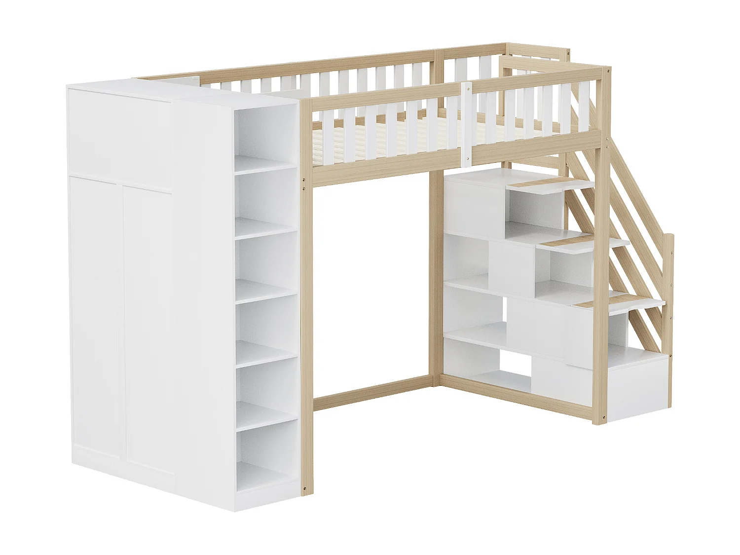 Lit mezzanine 90x200cm en bois - avec penderie、étagères et escalier de rangement - Blanc