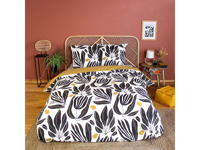 Parure de lit 240x220 cm en coton NOLIE motif feuillage blanc et jaune 3 pièces