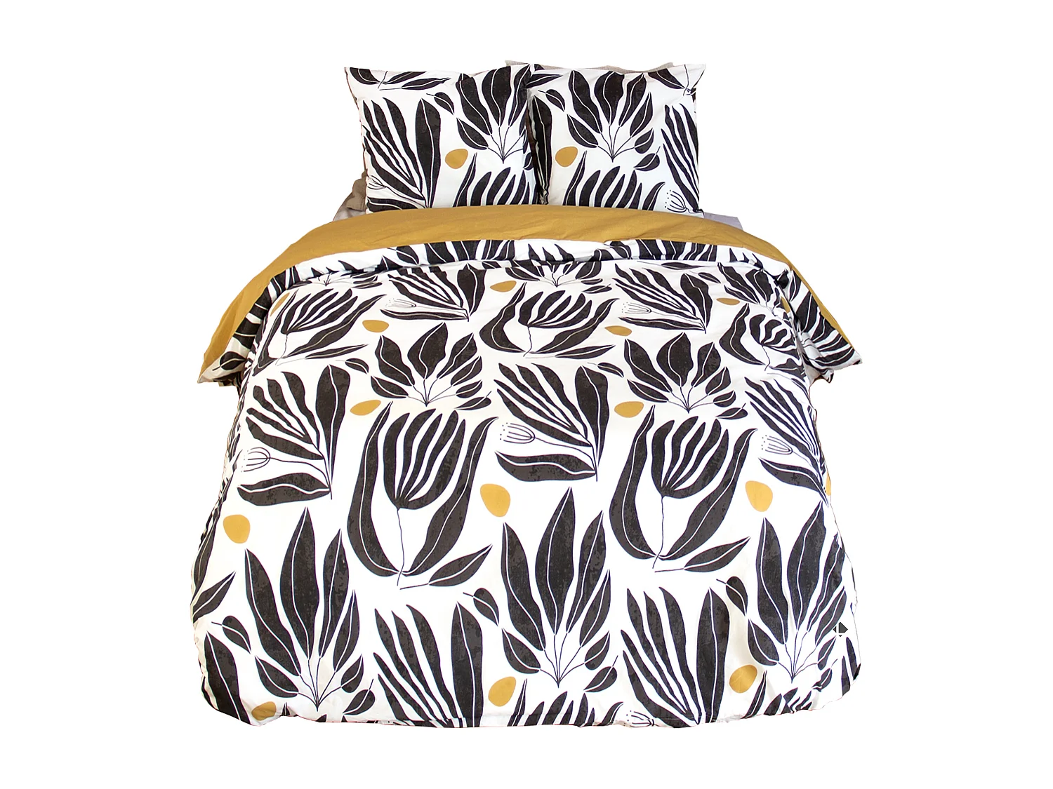 Parure de lit 240x220 cm en coton NOLIE motif feuillage blanc et jaune 3 pièces