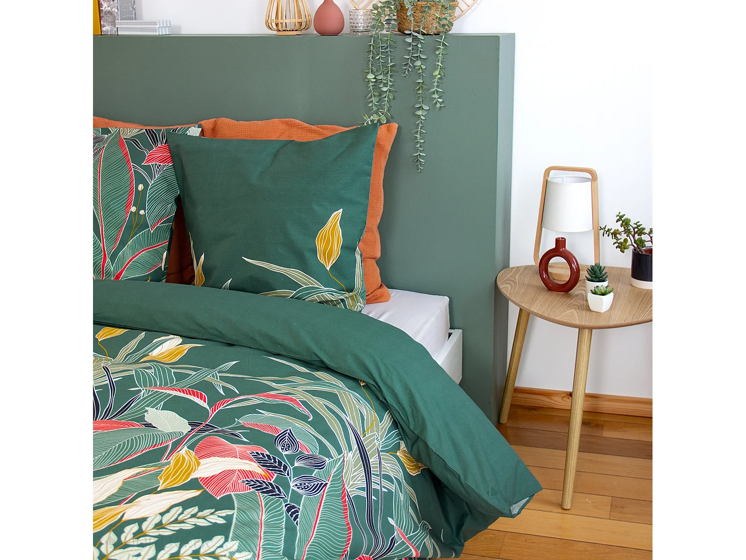 Parure de lit 240x220cm en coton GIGAJUNG vert motif tropical 3 pièces