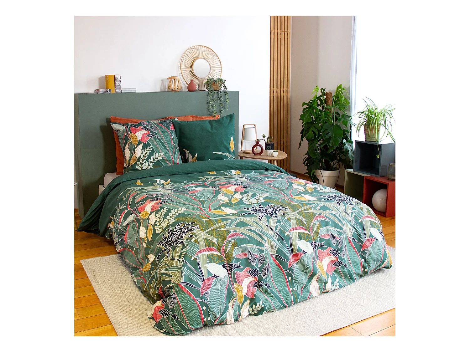 Parure de lit 240x220cm en coton GIGAJUNG vert motif tropical 3 pièces