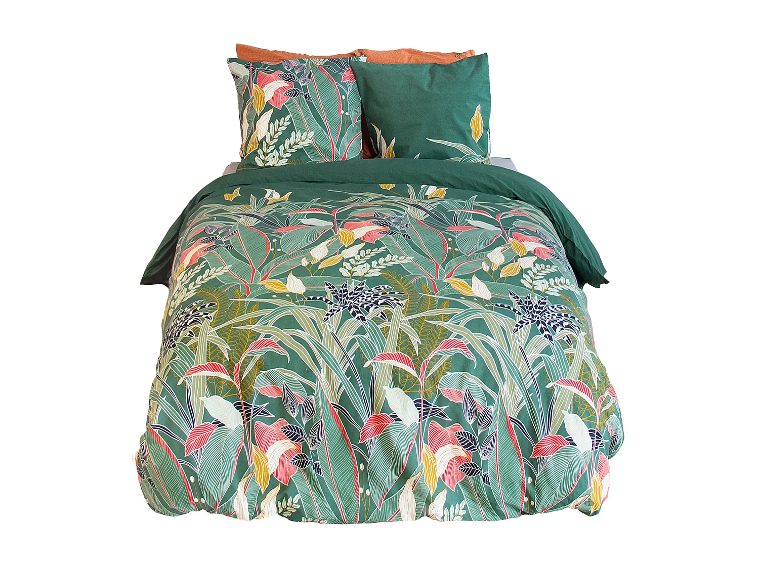 Parure de lit 240x220cm en coton GIGAJUNG vert motif tropical 3 pièces