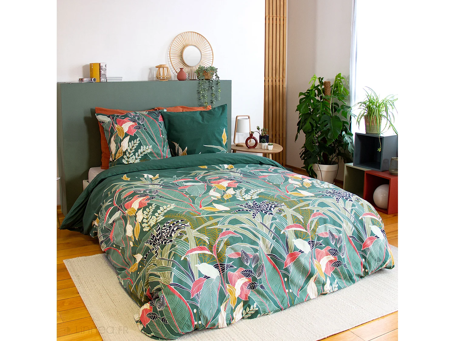 Parure de lit 260x240cm en coton GIGAJUNG vert motif tropical 3 pièces