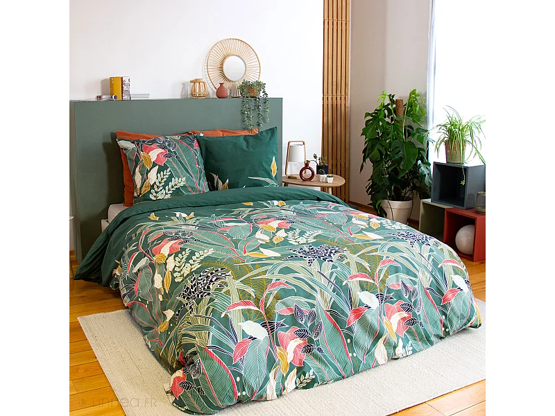 Parure de lit 260x240cm en coton GIGAJUNG vert motif tropical 3 pièces