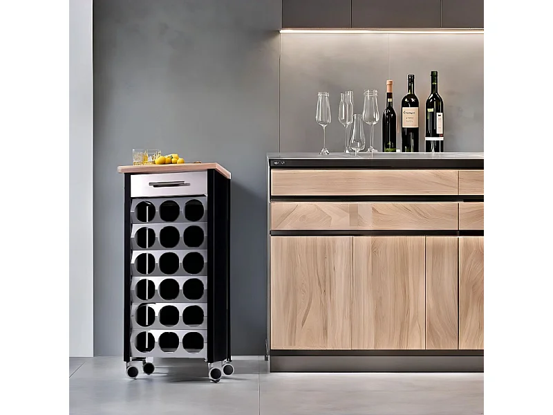 Carro botellero con ruedas, 93*43* 30 cm - Negro, Inox, Olmo - capacidad 18 botellas, BACUS