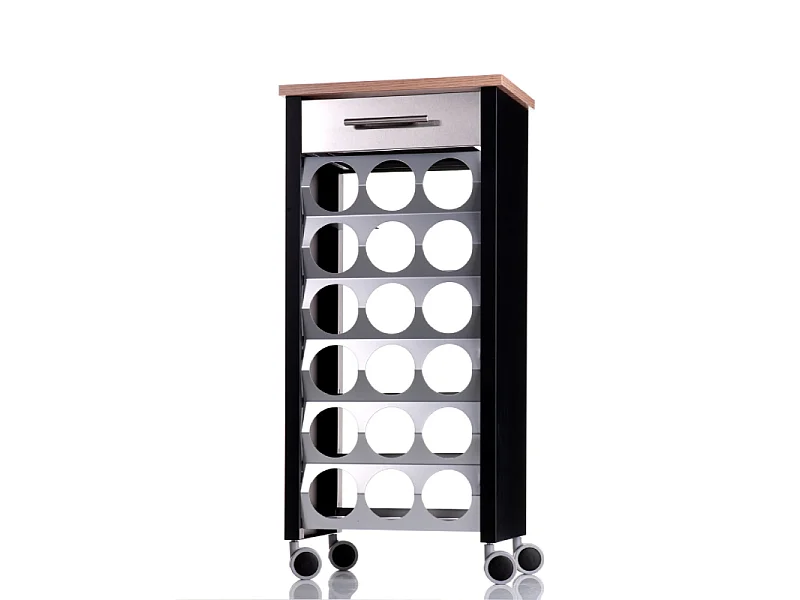 Carrello portabottiglie su ruote, 93*43*30 cm - Nero, Acciaio inox, Olmo - capacità 18 bottiglie, BACUS