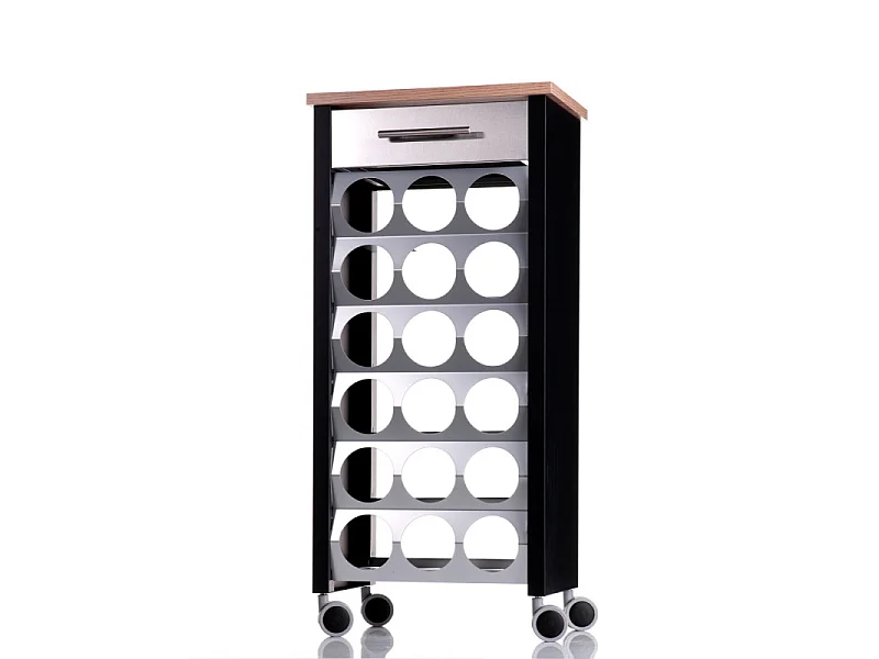 Flaschenregal mit Rollen, 93*43* 30 cm - Schwarz, Edelstahl, Ulme - Kapazität 18 Flaschen, BACUS