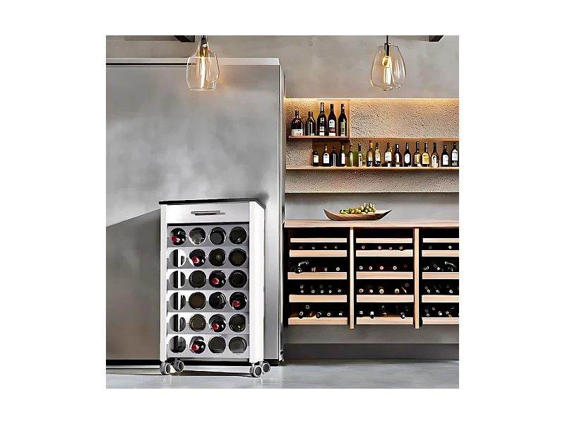 Carro botellero con ruedas, 93*50* 30 cm - Blanco, Acero inoxidable, Pizarra, capacidad 24 botellas, BACUS