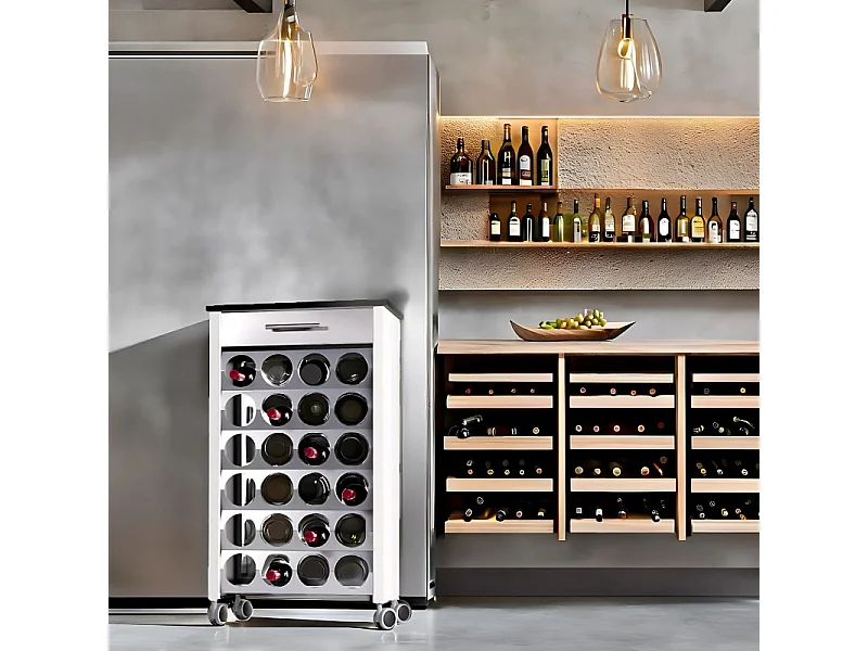 Carrello portabottiglie su ruote, 93*50*30 cm - Bianco, Acciaio inox, Ardesia, capacità 24 bottiglie, BACUS