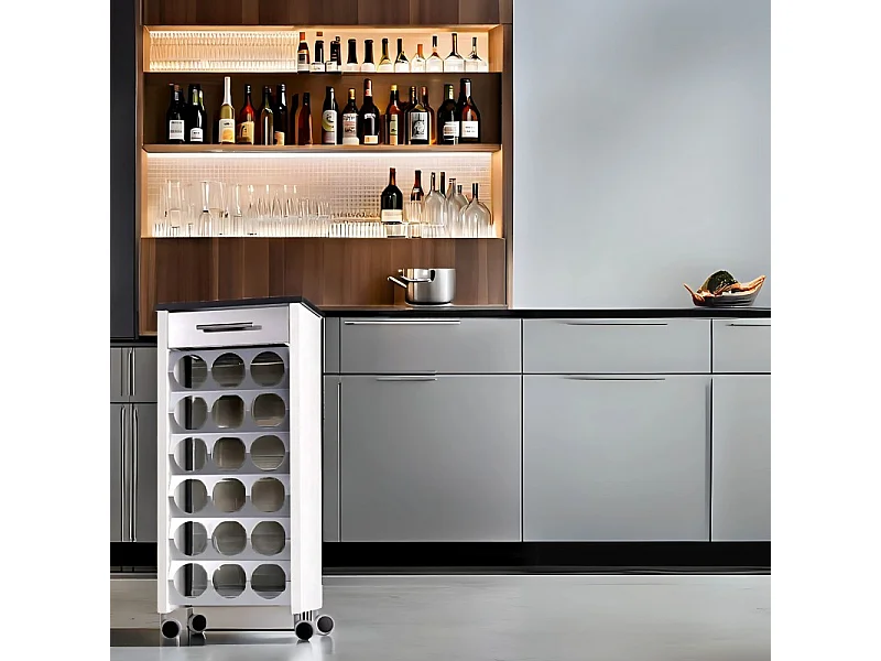 Carrello portabottiglie su ruote, 93*43*30 cm - Bianco, Acciaio inox, Ardesia, capacità 18 bottiglie, BACUS