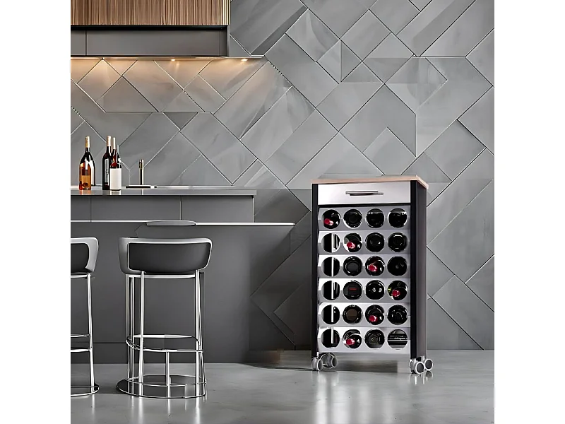 Flaschenregal mit Rollen, 93*50* 30 cm - Schwarz, Edelstahl, Ulme - Kapazität 24 Flaschen, BACUS