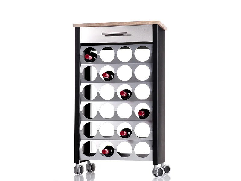 Flaschenregal mit Rollen, 93*50* 30 cm - Schwarz, Edelstahl, Ulme - Kapazität 24 Flaschen, BACUS