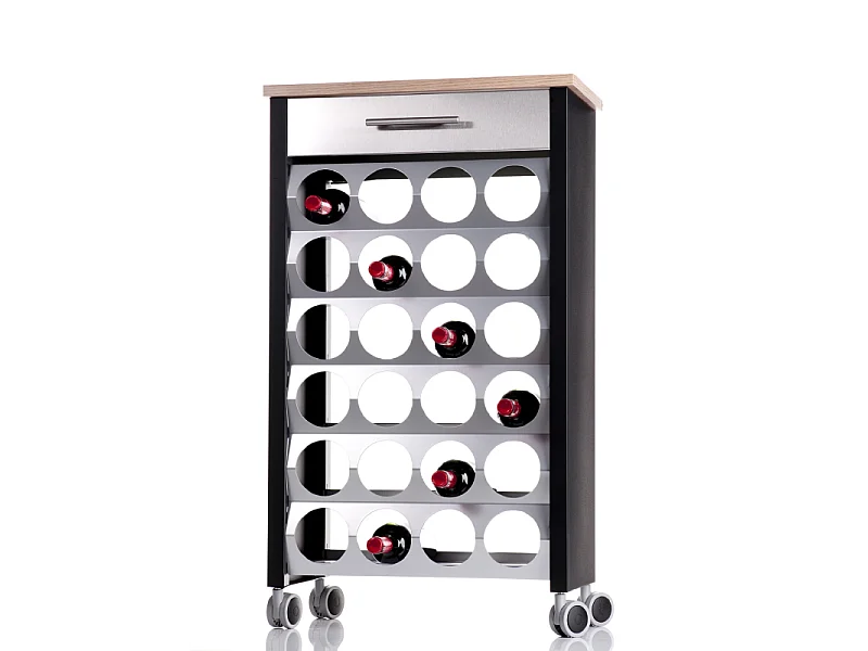 Flaschenregal mit Rollen, 93*50* 30 cm - Schwarz, Edelstahl, Ulme - Kapazität 24 Flaschen, BACUS
