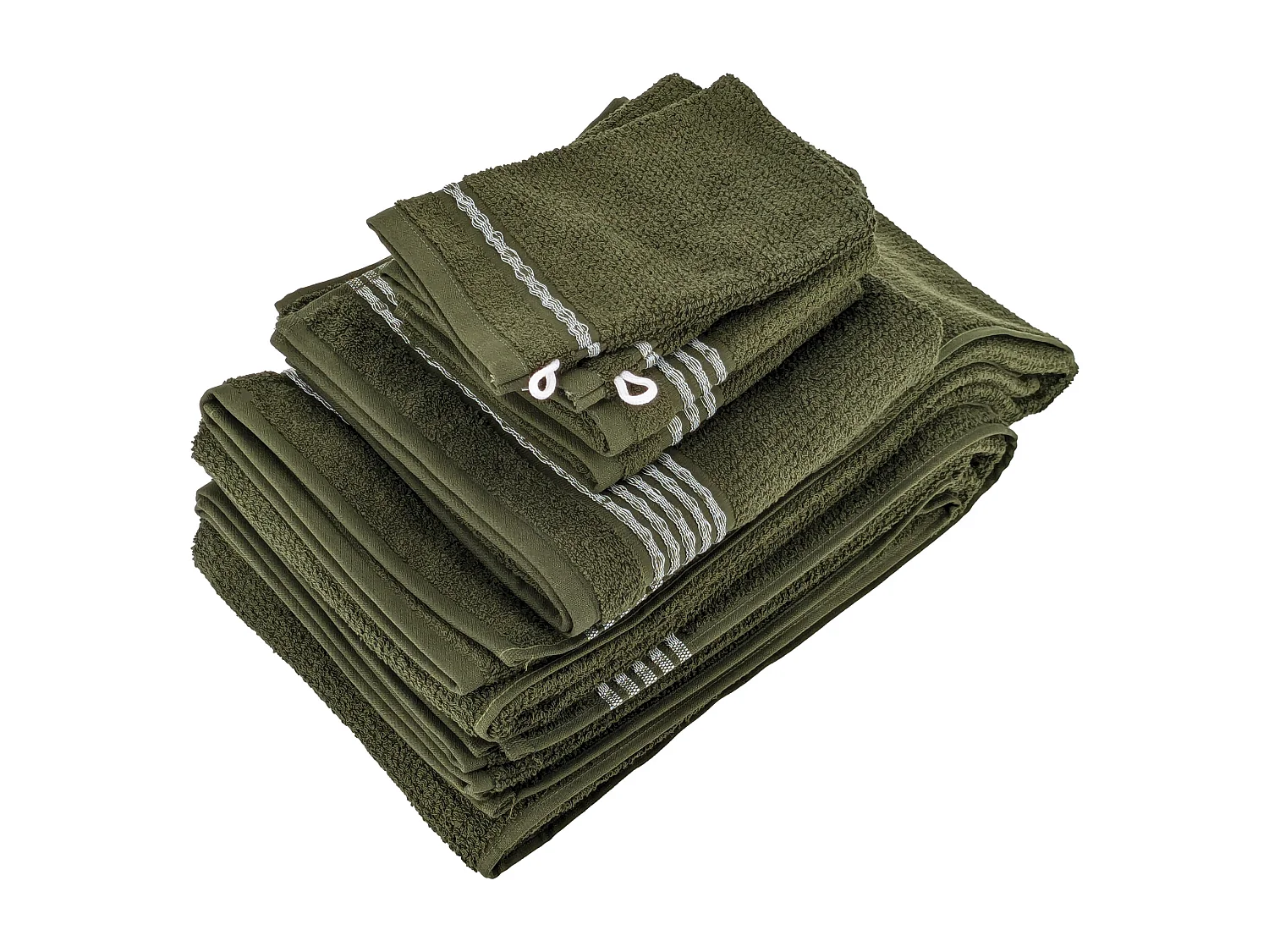 Parure de bain 7 pièces INTENSE à bordures blanches couleur vert mousse