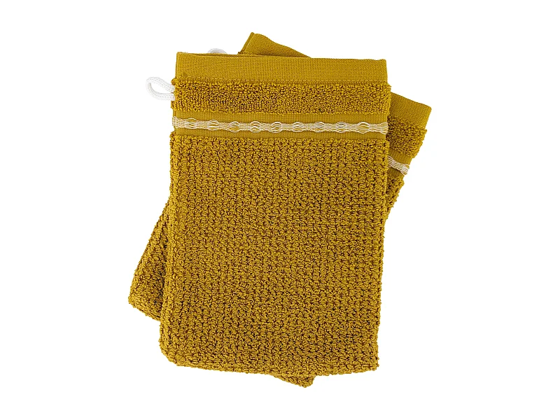 Lot de 2 gants de toilette 16x21 cm pur coton INTENSE à bordures blanches jaune