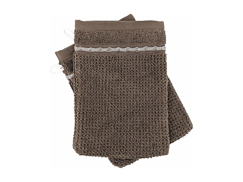 Lot de 2 gants de toilette 16x21 cm pur coton INTENSE à bordures blanches couleur marron