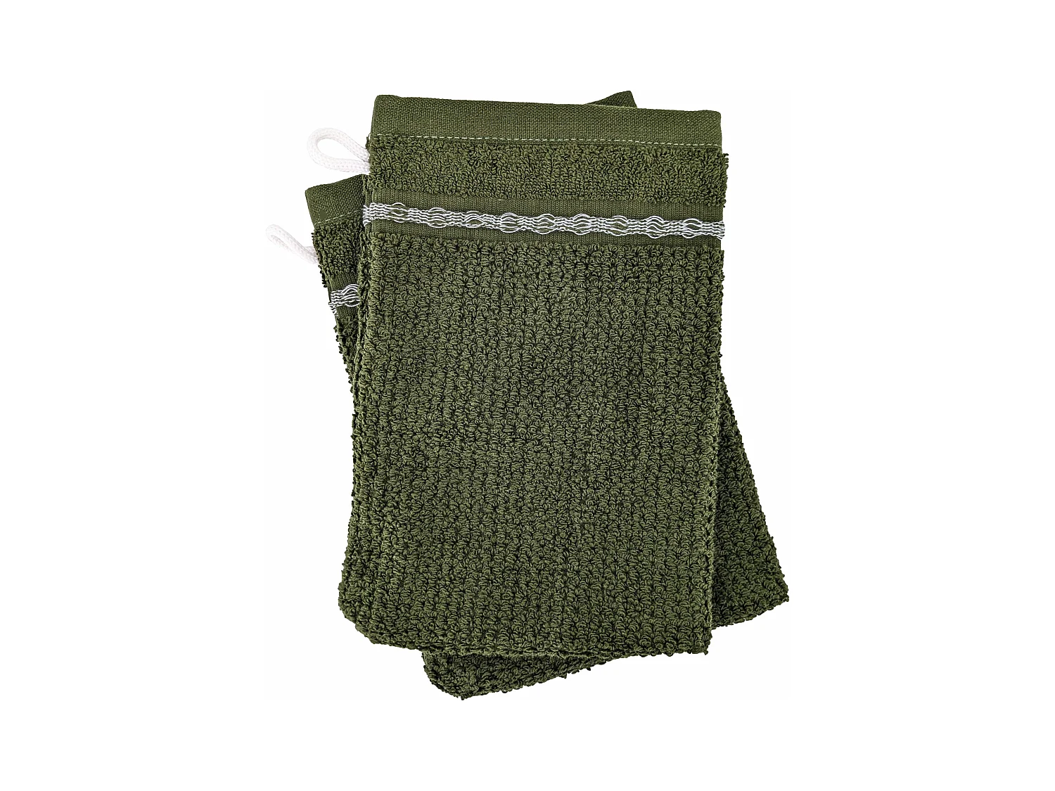 Lot de 2 gants de toilette 16x21cm pur coton INTENSE à bordures blanches vert mousse