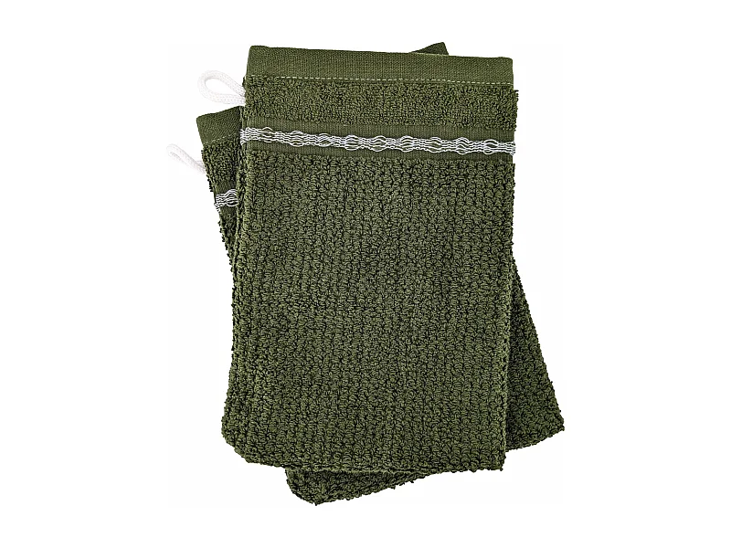 Lot de 2 gants de toilette 16x21cm pur coton INTENSE à bordures blanches vert mousse