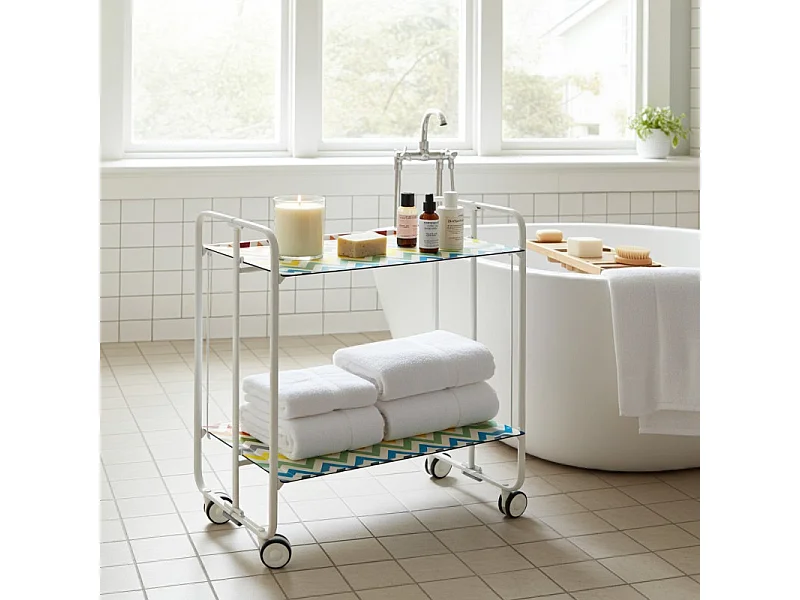 Carrito auxiliar plegable con ruedas - Estructura metálica blanca, 2 estantes laminados Decorado Zigzags colores – 72*66*43 cm - BAUHAUS