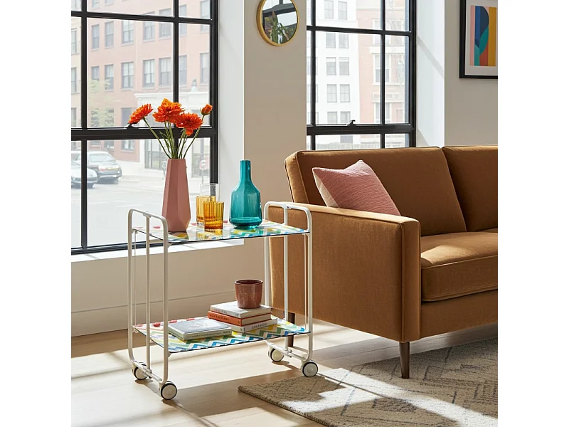 Carrito auxiliar plegable con ruedas - Estructura metálica blanca, 2 estantes laminados Decorado Zigzags colores – 72*66*43 cm - BAUHAUS