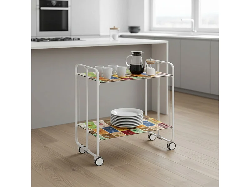 Carrito auxiliar plegable con ruedas - Estructura metálica blanca, 2 estantes laminados Decorado Vintage 1 – 72*66*43 cm - BAUHAUS
