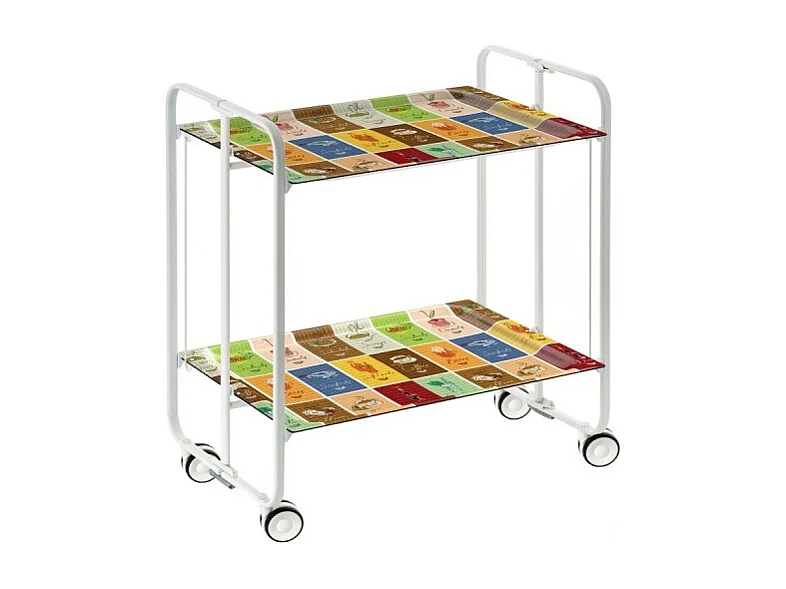 Carrito auxiliar plegable con ruedas - Estructura metálica blanca, 2 estantes laminados Decorado Vintage 1 – 72*66*43 cm - BAUHAUS