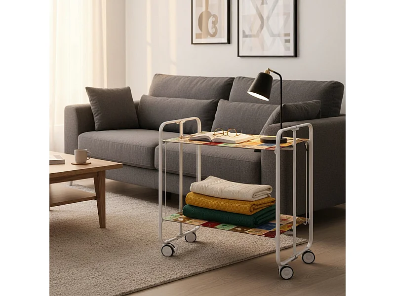 Carrito auxiliar plegable con ruedas - Estructura metálica blanca, 2 estantes laminados Decorado Vintage 1 – 72*66*43 cm - BAUHAUS