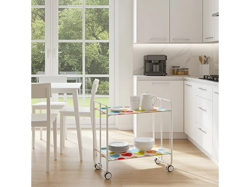 Chariot pliant à roulettes, desserte - Structure métallique blanche, 2 niveaux en stratifié motif Coeurs multicolores  - 72*66*43 cm - BAUHAUS