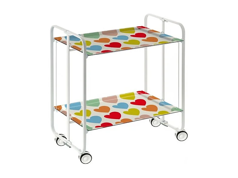 Chariot pliant à roulettes, desserte - Structure métallique blanche, 2 niveaux en stratifié motif Coeurs multicolores  - 72*66*43 cm - BAUHAUS