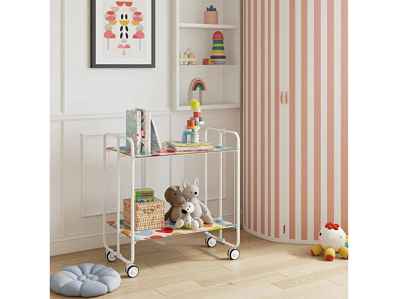 Chariot pliant à roulettes, desserte - Structure métallique blanche, 2 niveaux en stratifié motif Coeurs multicolores  - 72*66*43 cm - BAUHAUS