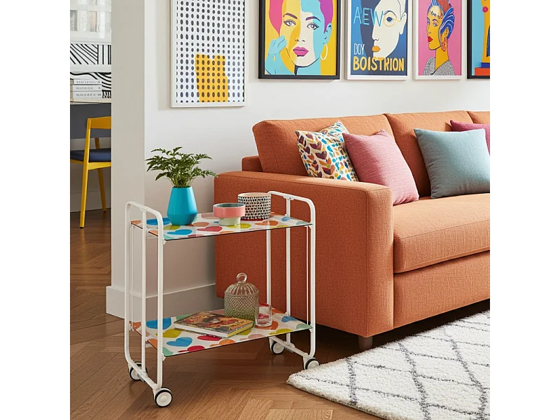 Chariot pliant à roulettes, desserte - Structure métallique blanche, 2 niveaux en stratifié motif Coeurs multicolores  - 72*66*43 cm - BAUHAUS
