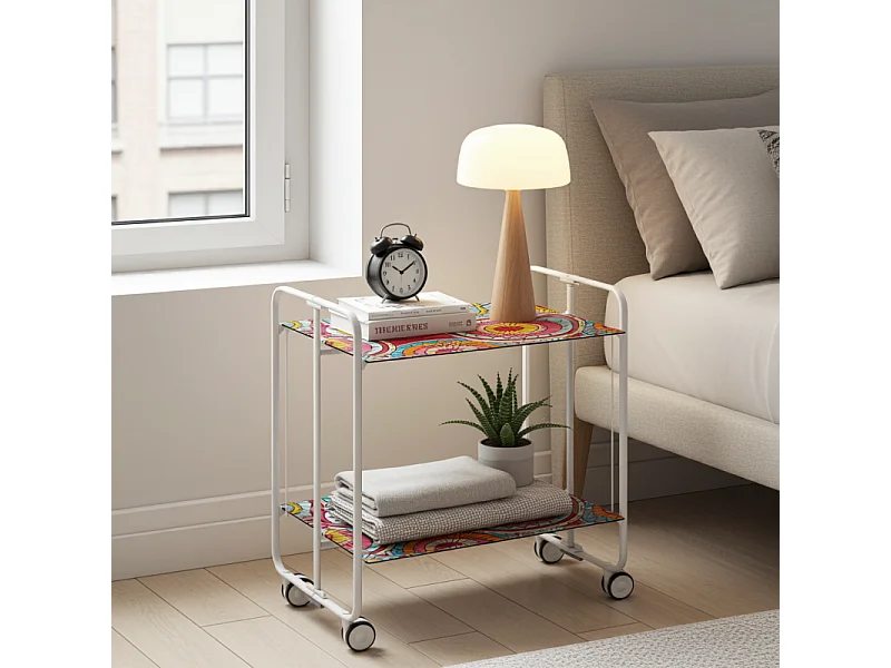 Carrito auxiliar plegable con ruedas - Estructura metálica blanca, 2 estantes laminados Decorado Abstracto colores – 72*66*43 cm - BAUHAUS