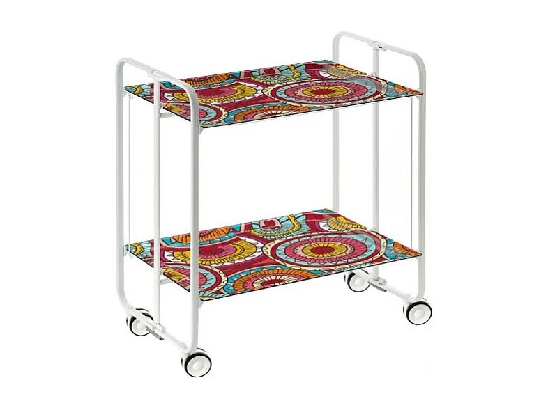 Carrito auxiliar plegable con ruedas - Estructura metálica blanca, 2 estantes laminados Decorado Abstracto colores – 72*66*43 cm - BAUHAUS