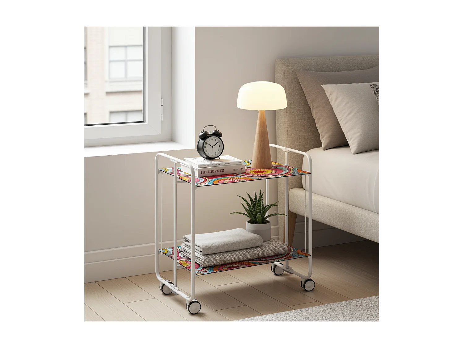 Carrito auxiliar plegable con ruedas - Estructura metálica blanca, 2 estantes laminados Decorado Abstracto colores – 72*66*43 cm - BAUHAUS