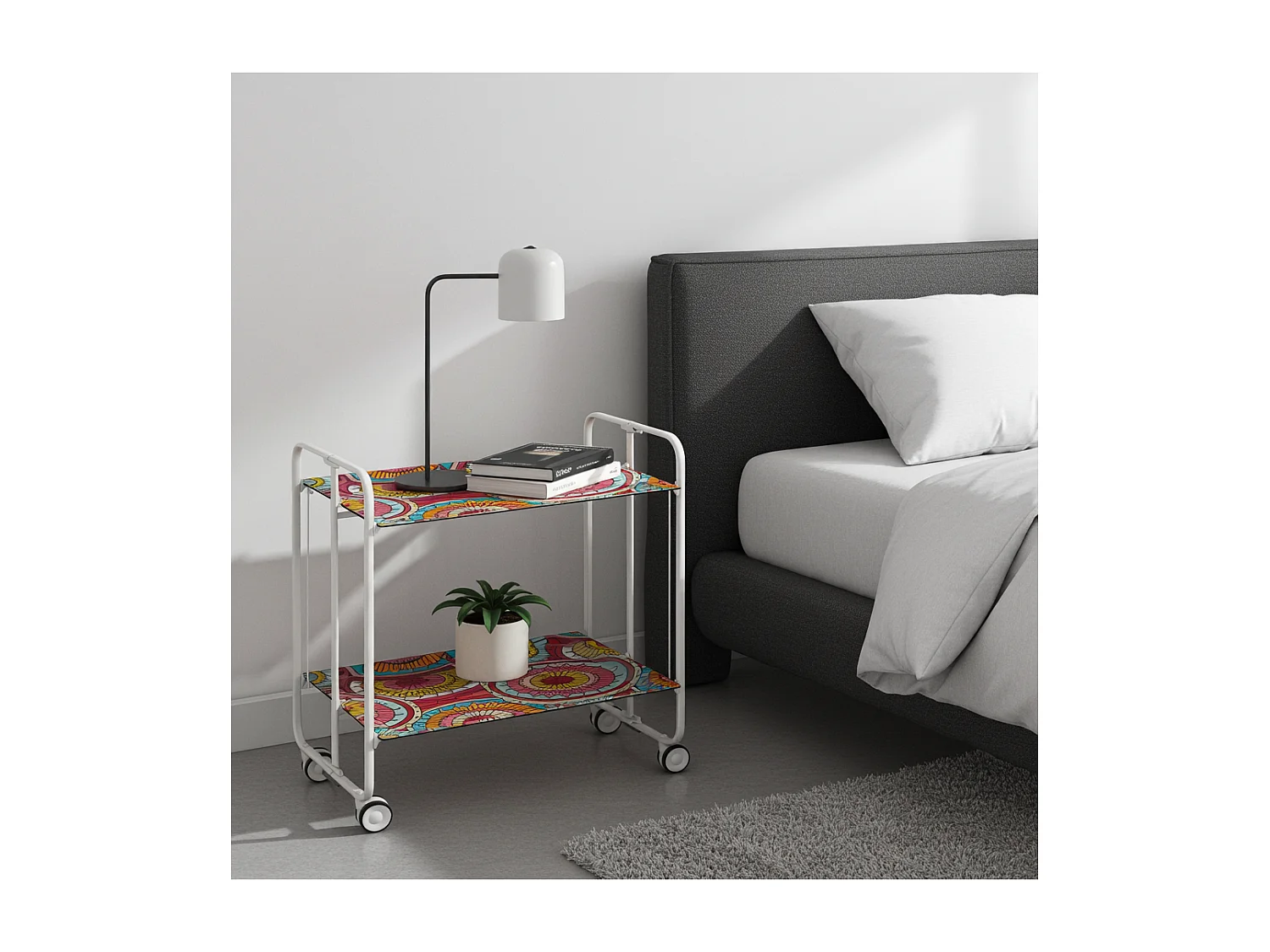 Carrito auxiliar plegable con ruedas - Estructura metálica blanca, 2 estantes laminados Decorado Abstracto colores – 72*66*43 cm - BAUHAUS