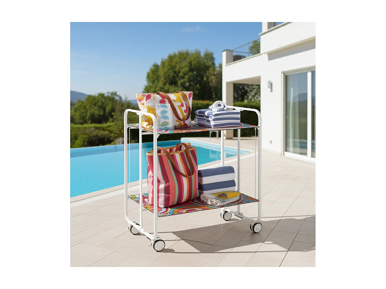 Carrito auxiliar plegable con ruedas - Estructura metálica blanca, 2 estantes laminados Decorado Abstracto colores – 72*66*43 cm - BAUHAUS