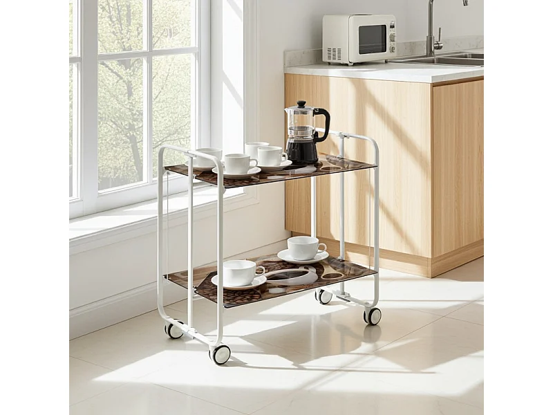 Carrello pieghevole con ruote - Struttura in metallo bianco,2 ripiani in laminato Disegno Caffè - 72*66*43 cm - BAUHAUS