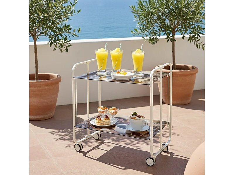 Carrello pieghevole con ruote - Struttura in metallo bianco,2 ripiani in laminato Disegno Caffè - 72*66*43 cm - BAUHAUS