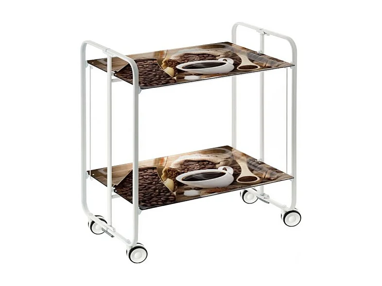 Servierwagen, klappbar, 2 Böden, weißer Rahmen - Laminatboden mit Kaffeedesign  - 72*66*43 cm - BAUHAUS