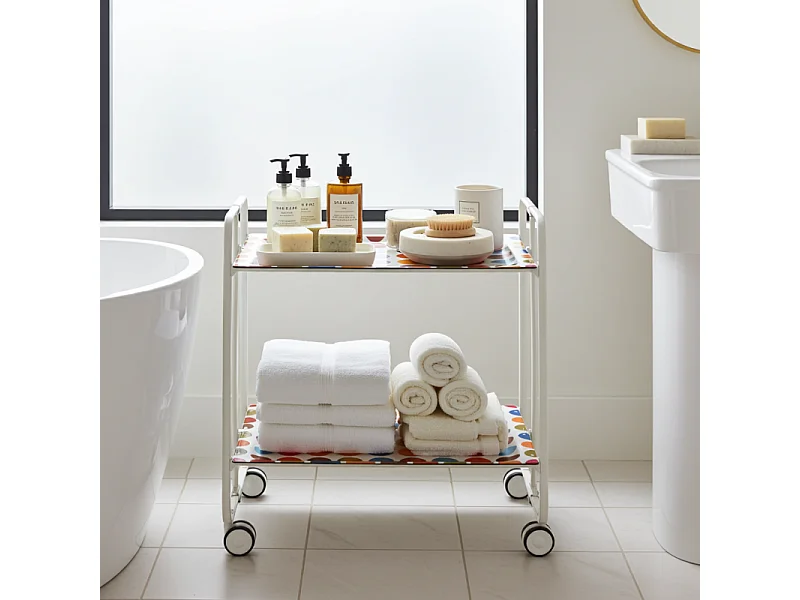 Carrito auxiliar plegable con ruedas - Estructura metálica blanca, 2 estantes laminados Decorado Círculos multicolor – 72*66*43 cm - BAUHAUS