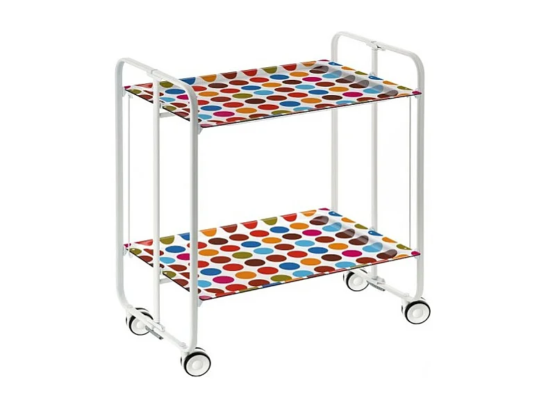 Chariot pliant à roulettes, desserte - Structure métallique blanche, 2 niveaux en stratifié motif Ronds multicouleurs  - 72*66*43 cm - BAUHAUS