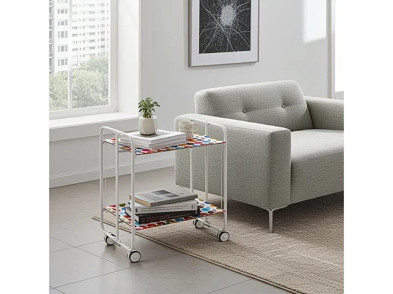 Carrello pieghevole con ruote - Struttura in metallo bianco,2 ripiani in laminato Disegno Rotondo Multicolore - 72*66*43 cm - BAUHAUS