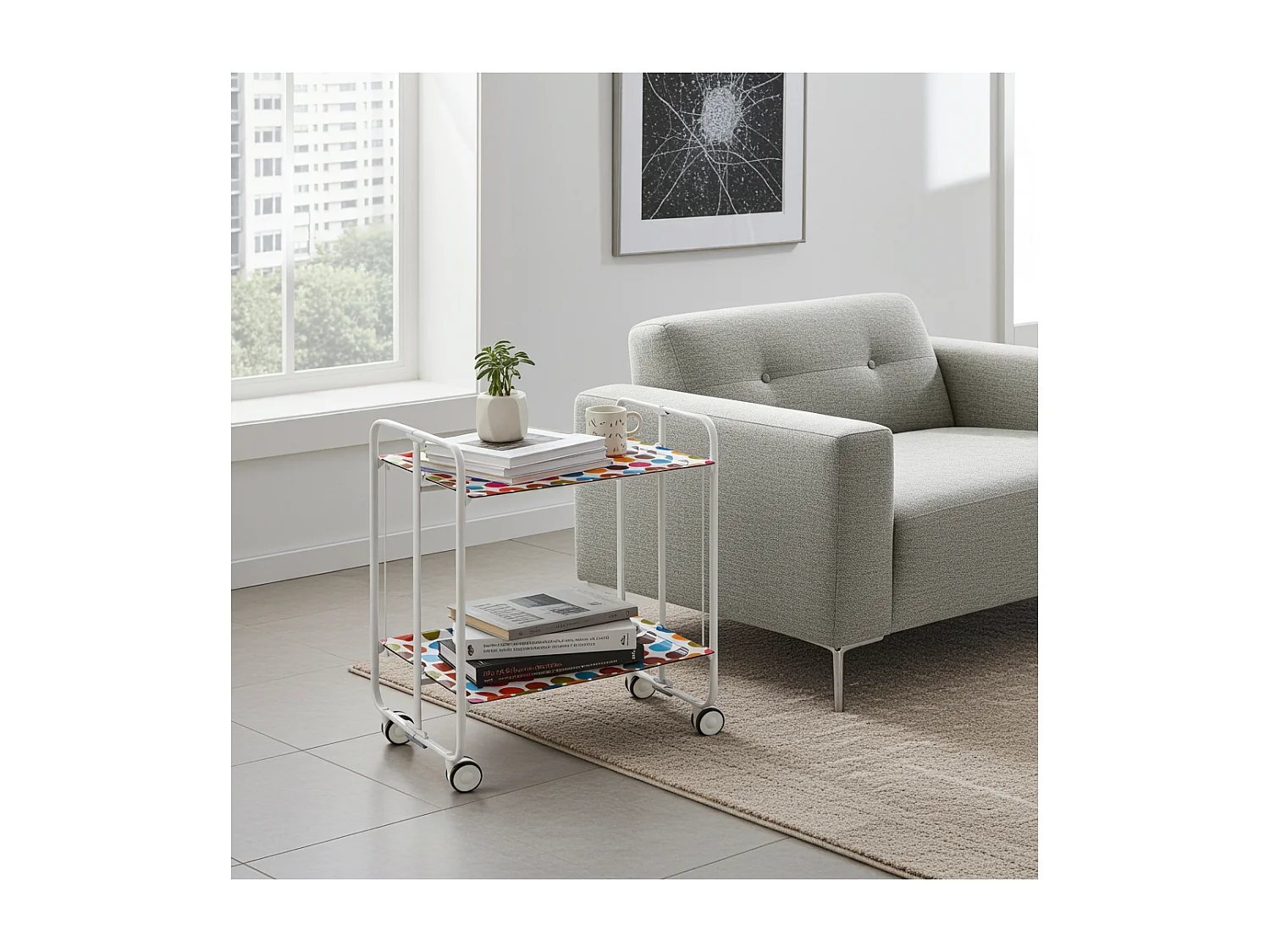Chariot pliant à roulettes, desserte - Structure métallique blanche, 2 niveaux en stratifié motif Ronds multicouleurs  - 72*66*43 cm - BAUHAUS