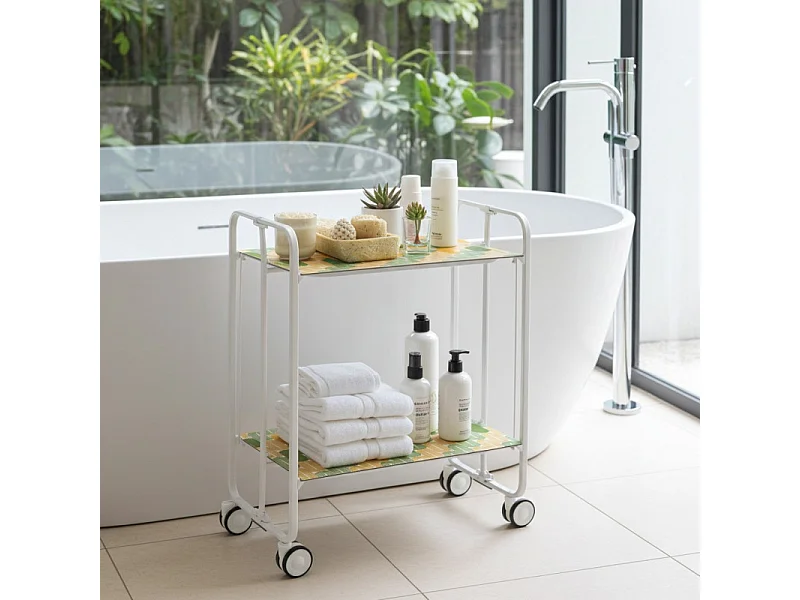 Carrito auxiliar plegable con ruedas - Estructura metálica blanca, 2 estantes laminados Decorado Óvalos naranjas y verdes – 72*66*43 cm - BAUHAUS