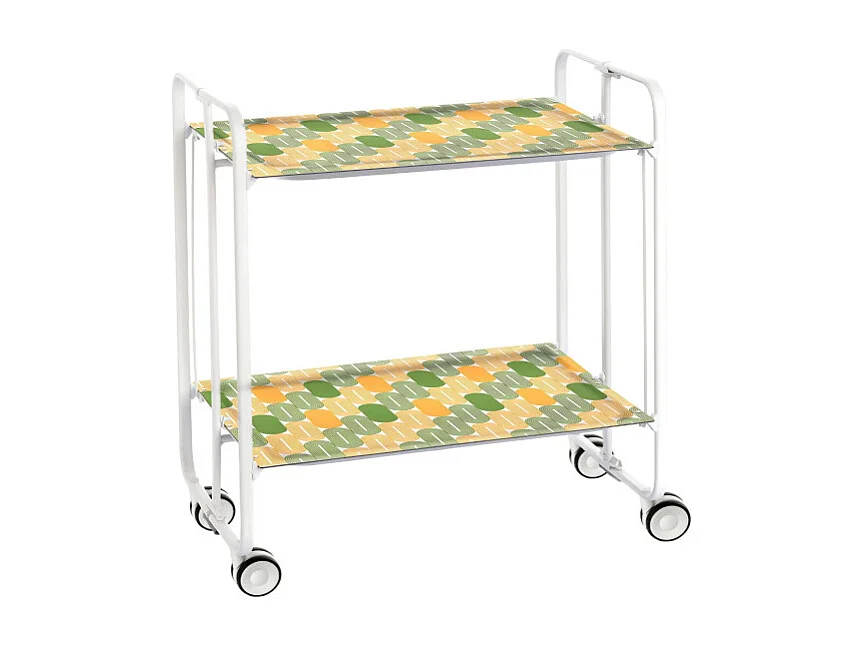 Carrito auxiliar plegable con ruedas - Estructura metálica blanca, 2 estantes laminados Decorado Óvalos naranjas y verdes – 72*66*43 cm - BAUHAUS