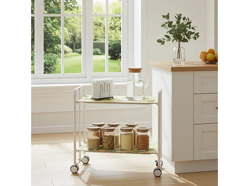 Carrito auxiliar plegable con ruedas - Estructura metálica blanca, 2 estantes laminados Decorado Óvalos naranjas y verdes – 72*66*43 cm - BAUHAUS