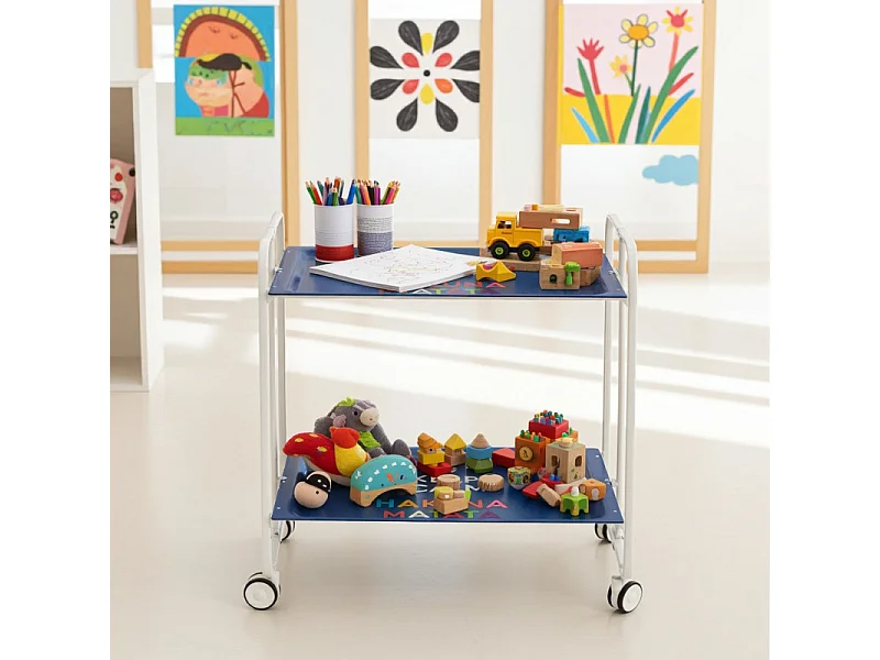 Chariot pliant à roulettes, table pliante roulante, desserte - Structure métallique blanche, 2 niveaux en stratifié motif Keep Calm  - 72*66*43 cm - BAUHAUS