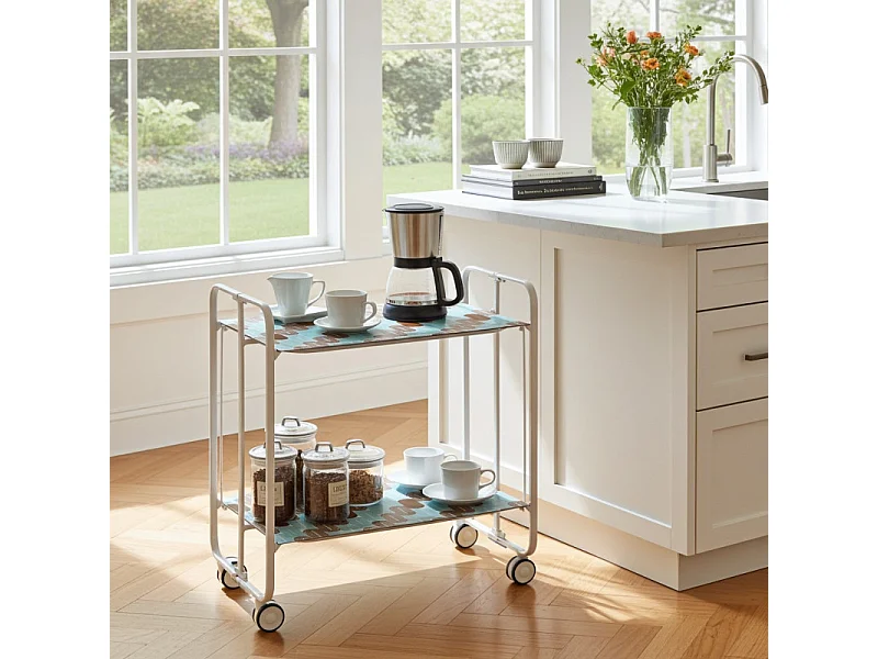 Carrito auxiliar plegable con ruedas - Estructura metálica blanca, 2 estantes laminados Decorado Óvalos turquesa y marrón – 72*66*43 cm - BAUHAUS