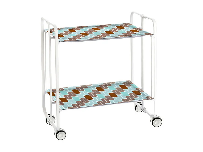 Carrito auxiliar plegable con ruedas - Estructura metálica blanca, 2 estantes laminados Decorado Óvalos turquesa y marrón – 72*66*43 cm - BAUHAUS