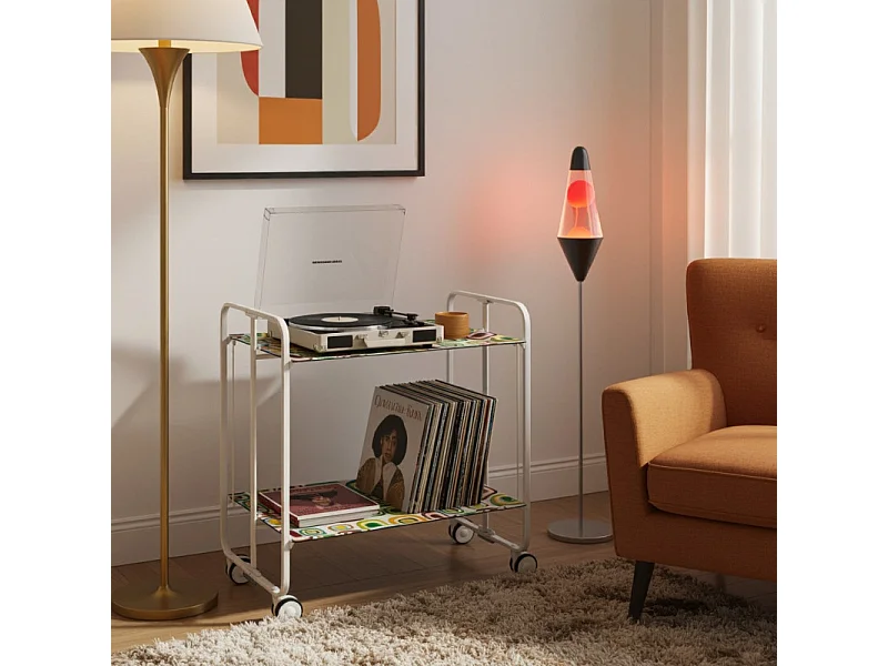 Carrito auxiliar plegable con ruedas - Estructura metálica blanca, 2 estantes laminados Decorado Vintage 5 – 72*66*43 cm - BAUHAUS